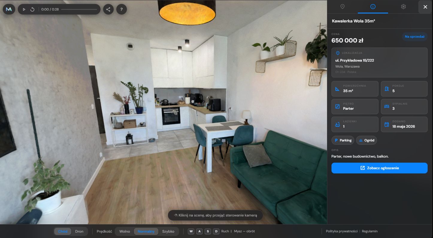 Intuicyjna eksploracja 3D mieszkania w trybie spaceru pierwszoosobowego